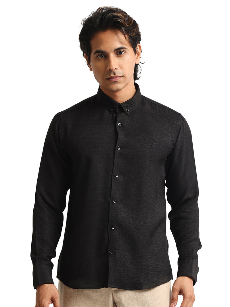 Maniac Mens Solid collared Neck Full Sleeve Super Twill Fabric Black Shirt - Image 1